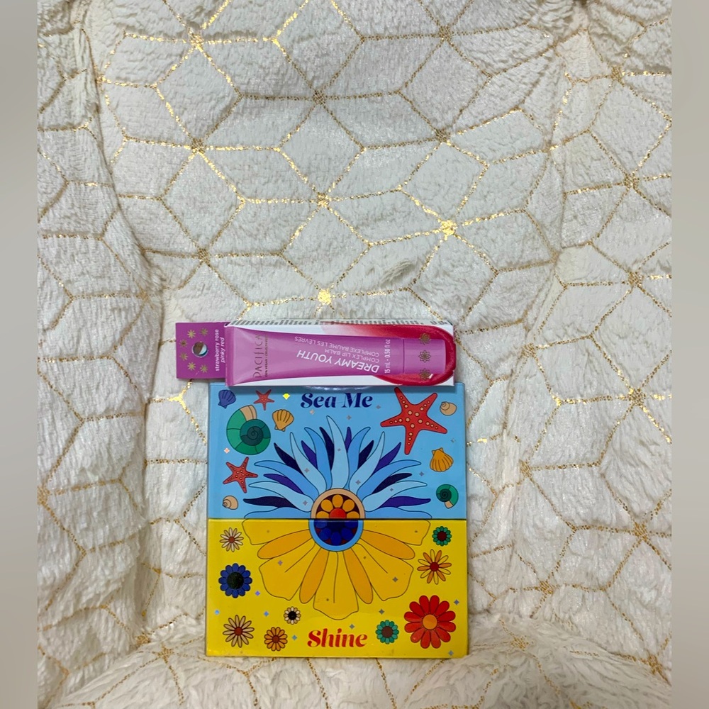 Pacifica Lip Balm, Sea Me and Shine Eyeshadow with Highlighter/Blush.